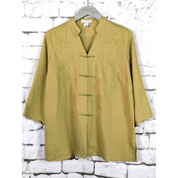 JILLIAN JONES 100% Linen Floral Embroidered Shirt Frog Closure Boho Size 1X NWOT - Picture 1 of 6